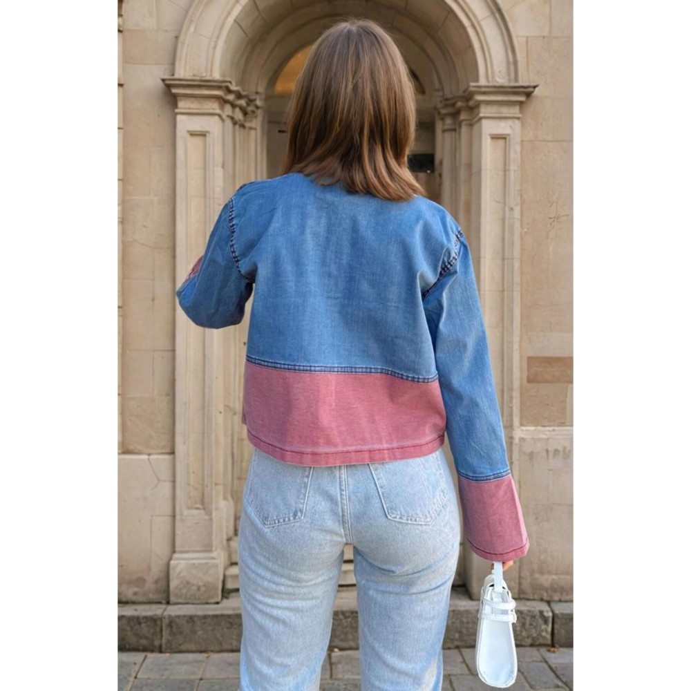 Pasaklı Giyim Pasaklı Giyim Kadın Manşetli Kot Ceket Mavi-Kırmızı - Premium Kadın Giyim