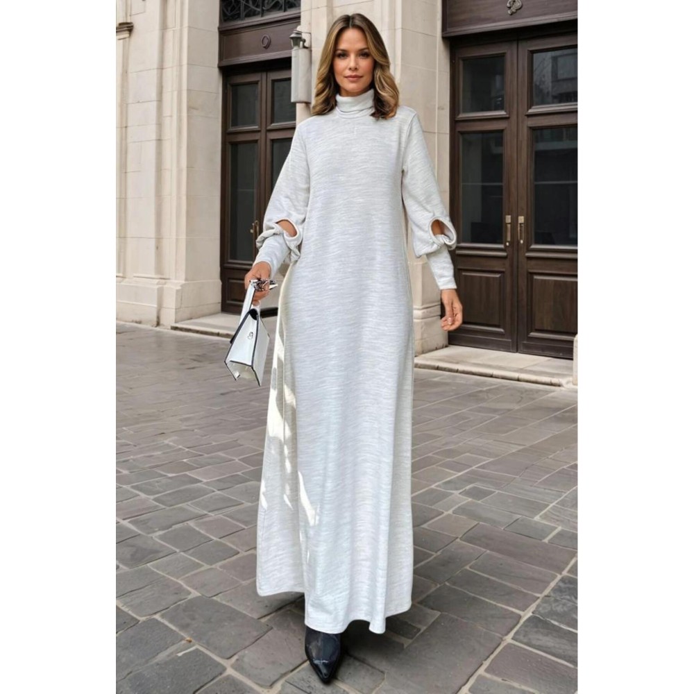 Pasaklı Giyim Pasaklı Giyim Balon Kol A Kesim Triko Elbise Bej - Premium Kadın Giyim