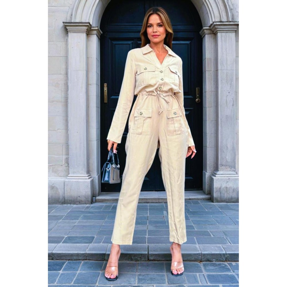 Pasaklı Giyim Pasaklı Giyim Kadın Safari Tulum Oversize Krem - Premium Kadın Giyim