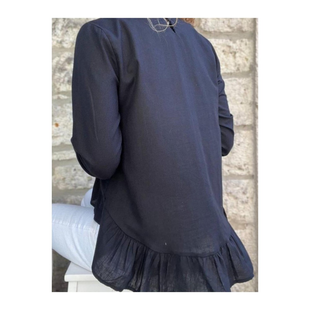 Pasaklı Giyim Pasaklı Giyim Kadın Fırfırlı Keten Bluz Siyah - Premium Kadın Giyim