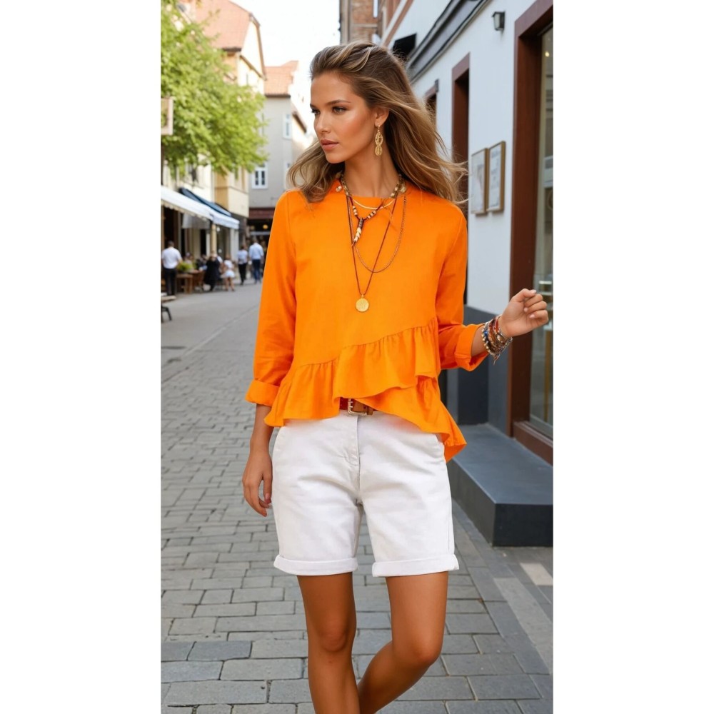 Pasaklı Giyim Pasaklı Giyim Kadın Fırfırlı Keten Bluz Turuncu - Premium Kadın Giyim