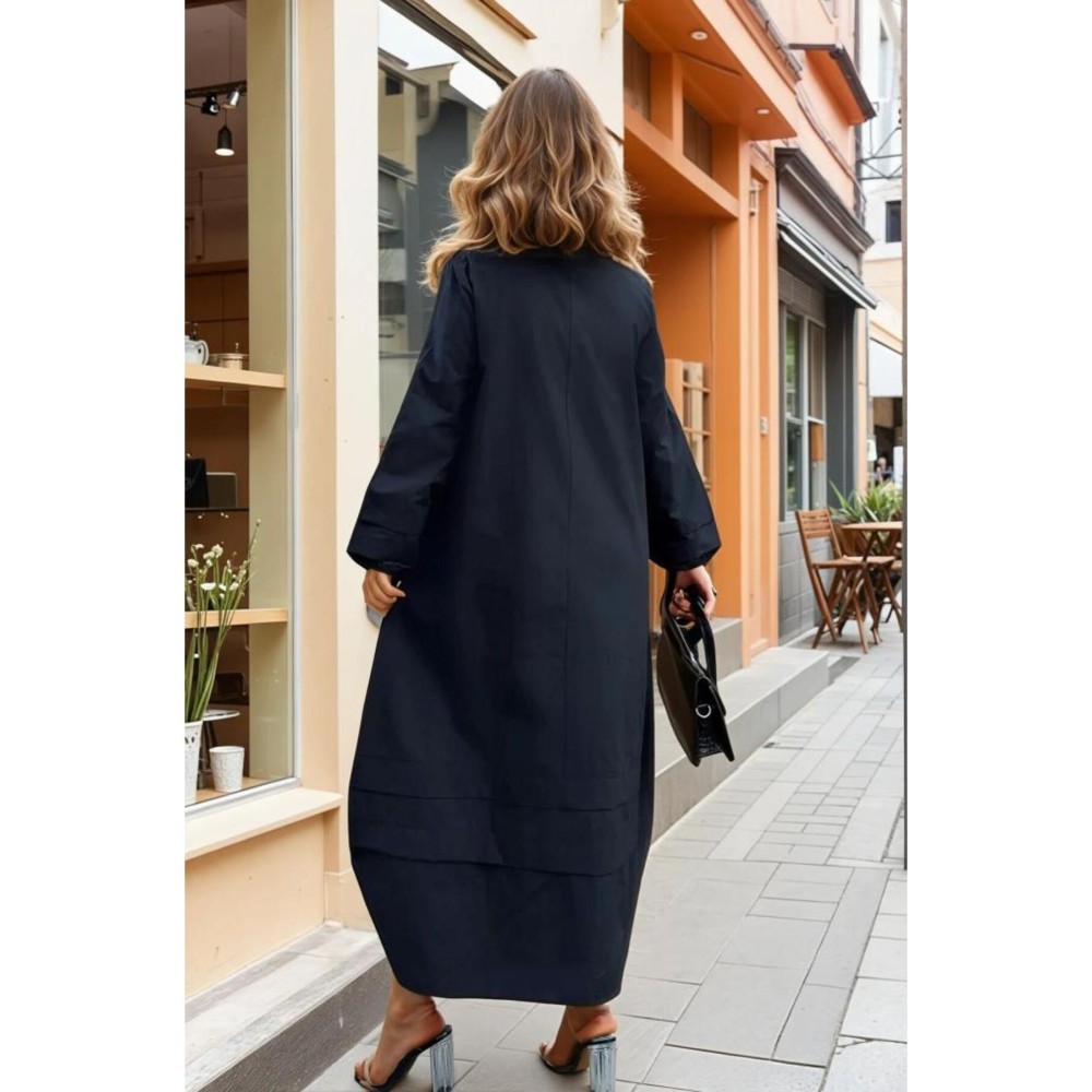 Pasaklı Giyim Kadın Hakim Yaka, Kol ve Etek Katlama Detaylı Salaş Uzun Kollu Poplin Elbise Siyah - Premium Kadın Giyim