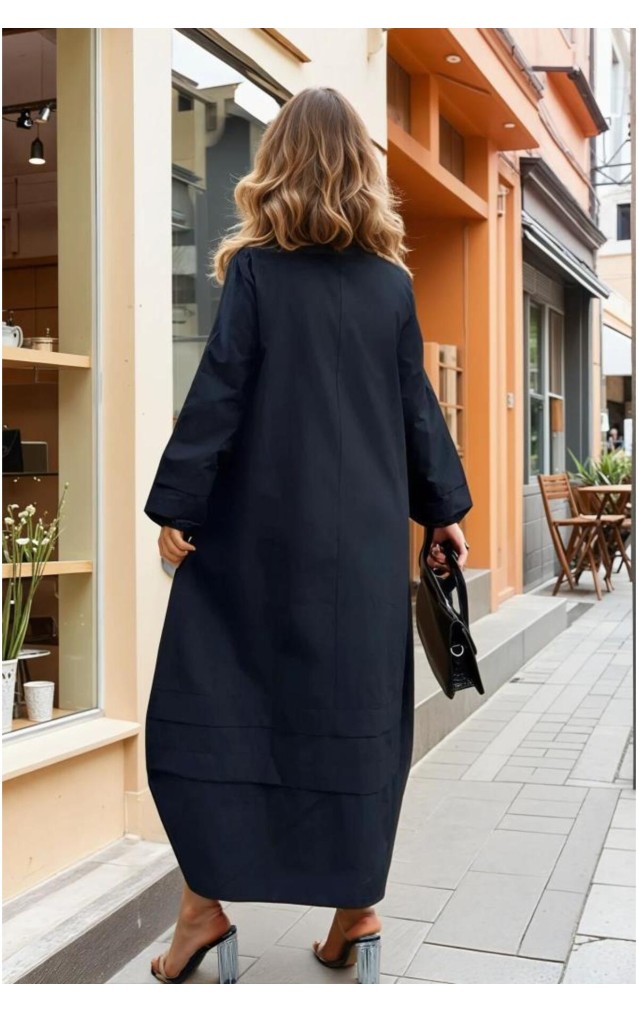 Kadın Hakim Yaka, Kol ve Etek Katlama Detaylı Salaş Uzun Kollu Poplin Elbise Siyah 3517300