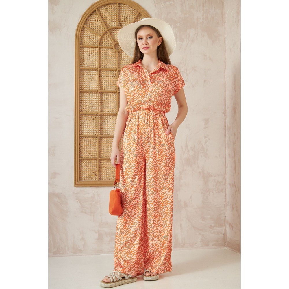 Pasaklı Giyim Pasaklı Giyim Kadın Beli Lastikli Saten Tulum Turuncu - Premium Kadın Giyim