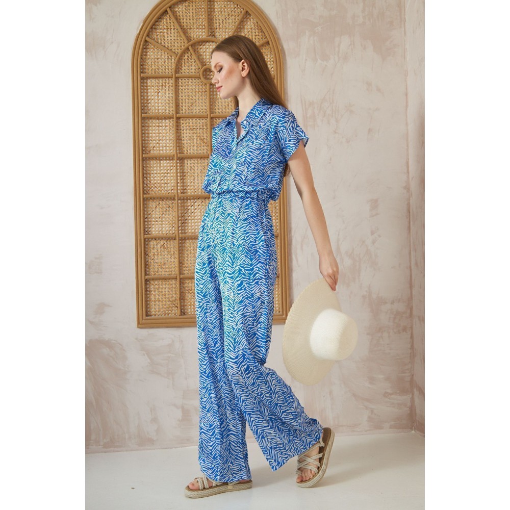 Pasaklı Giyim Pasaklı Giyim Kadın Beli Lastikli Saten Tulum Saks - Premium Kadın Giyim