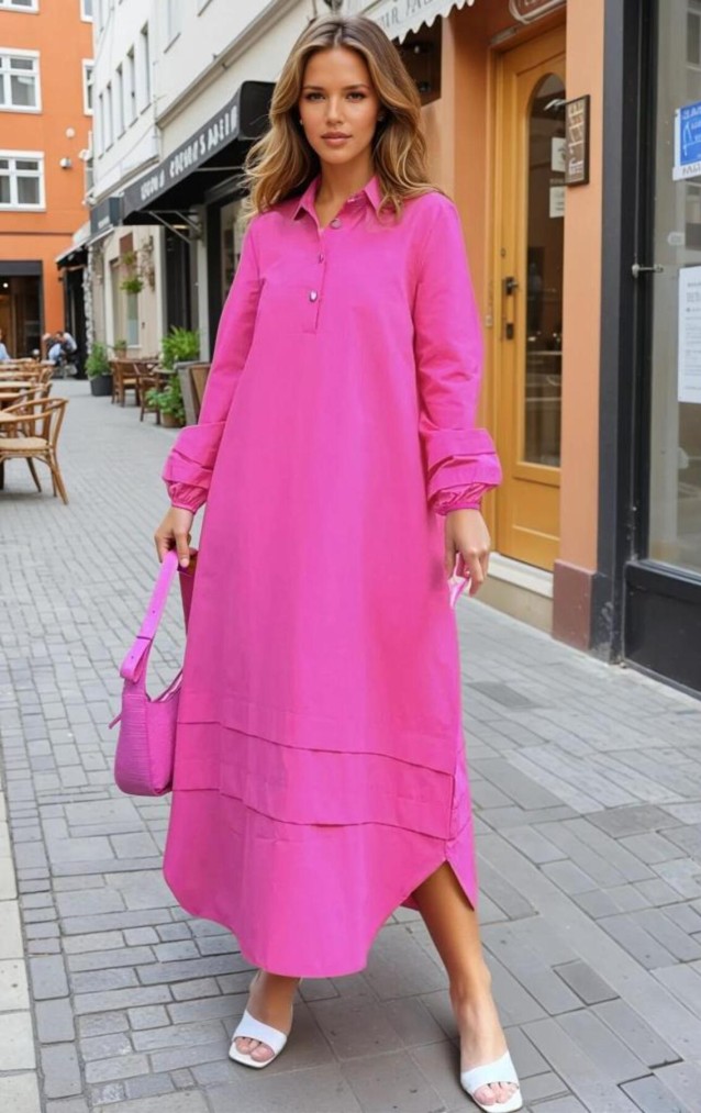 Kadın Hakim Yaka, Kol ve Etek Katlama Detaylı Salaş Uzun Kollu Poplin Elbise Fuşya 3517300