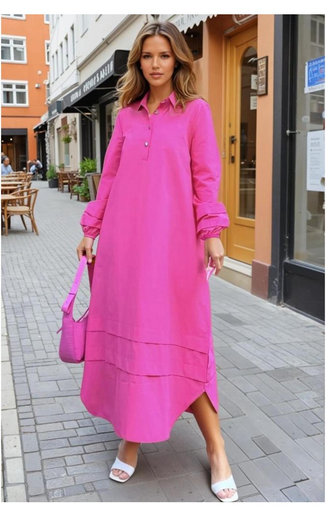 Kadın Hakim Yaka, Kol ve Etek Katlama Detaylı Salaş Uzun Kollu Poplin Elbise Fuşya 3517300