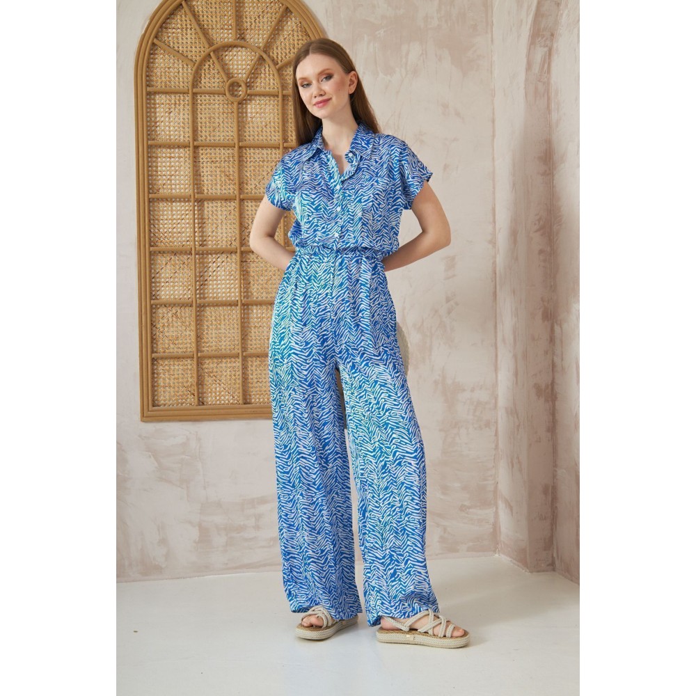 Pasaklı Giyim Pasaklı Giyim Kadın Beli Lastikli Saten Tulum Saks - Premium Kadın Giyim