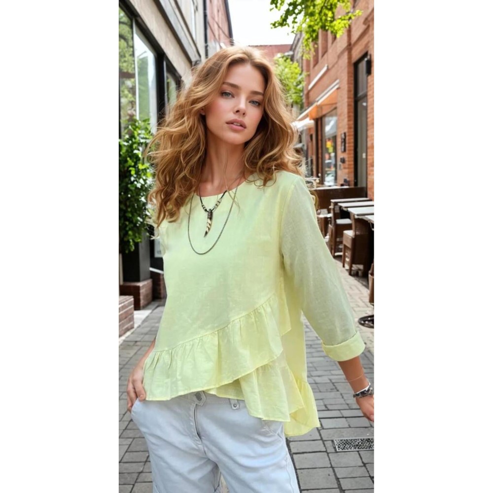 Pasaklı Giyim Pasaklı Giyim Kadın Fırfırlı Keten Bluz Sarı - Premium Kadın Giyim