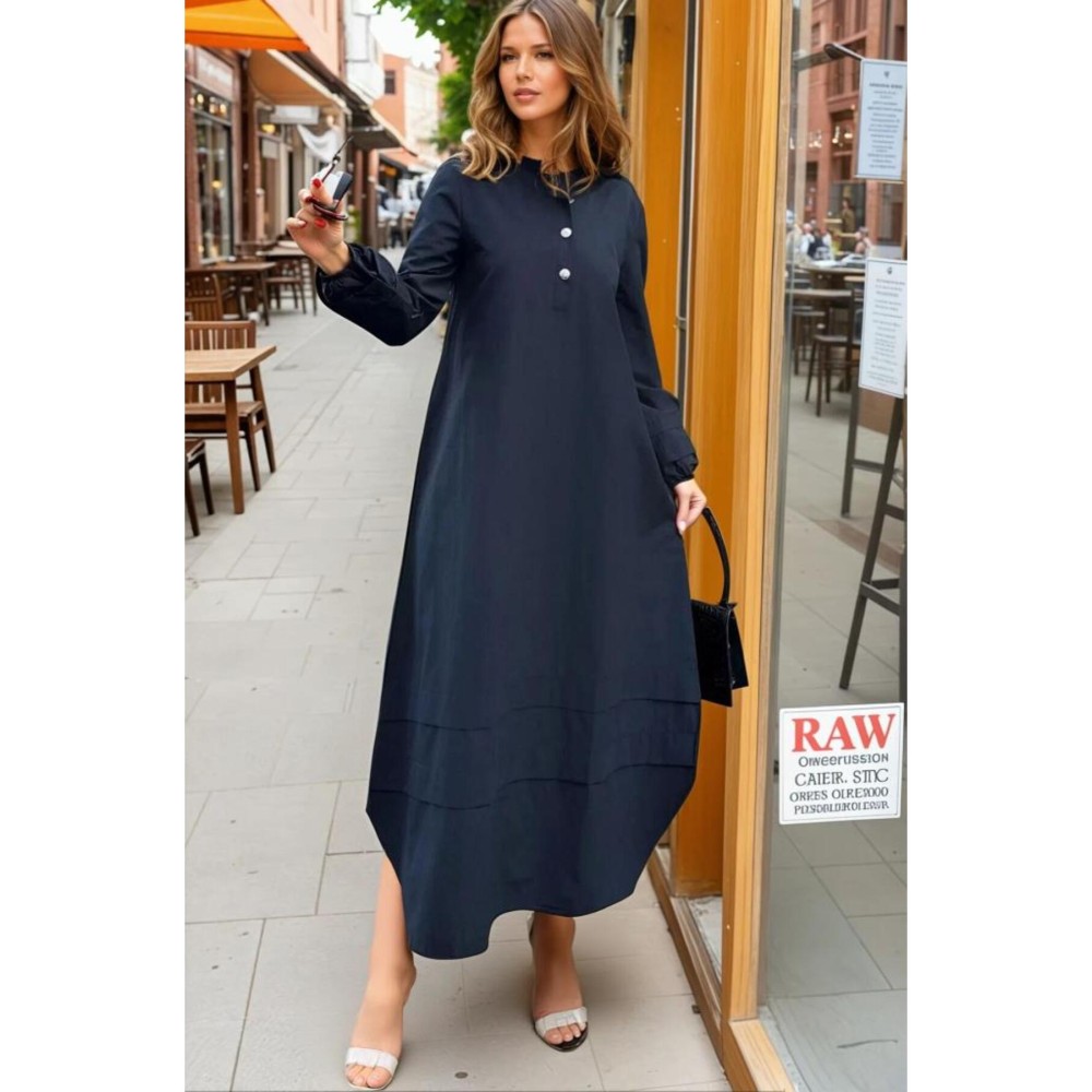 Pasaklı Giyim Kadın Hakim Yaka, Kol ve Etek Katlama Detaylı Salaş Uzun Kollu Poplin Elbise Siyah - Premium Kadın Giyim