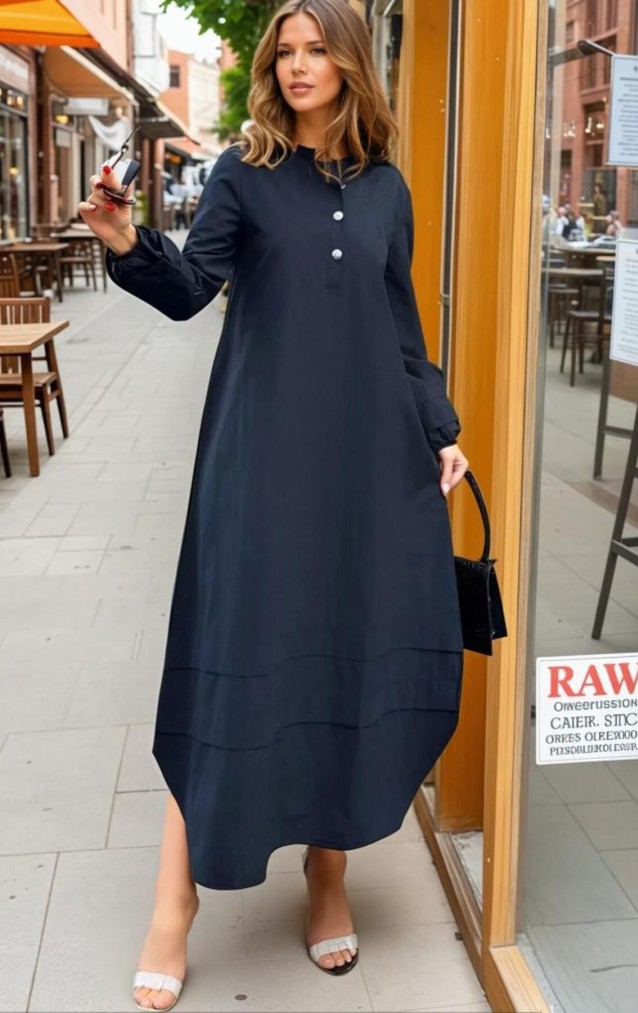 Kadın Hakim Yaka, Kol ve Etek Katlama Detaylı Salaş Uzun Kollu Poplin Elbise Siyah 3517300