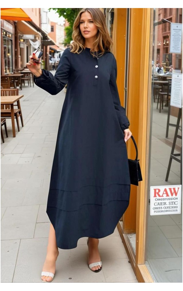 Kadın Hakim Yaka, Kol ve Etek Katlama Detaylı Salaş Uzun Kollu Poplin Elbise Siyah 3517300