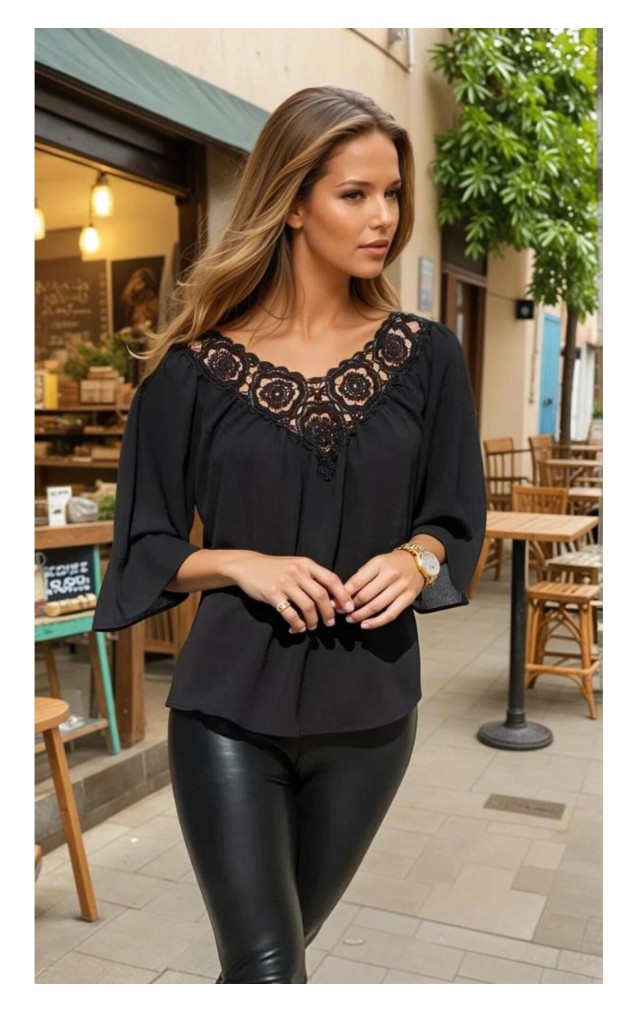 Pasaklı Giyim Kadın Ön Ve Arkası Dantel Dekolte Detay Flare Kol Bluz T4010-1220190 Siyah