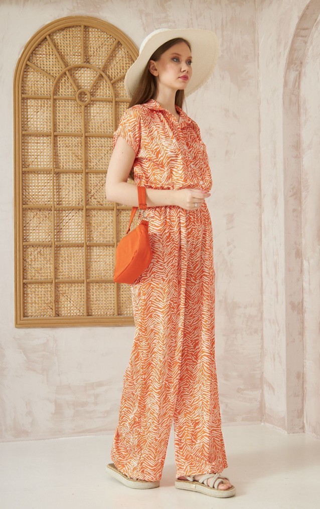Pasaklı Giyim Kadın Beli Lastikli Saten Tulum  3235451 Turuncu