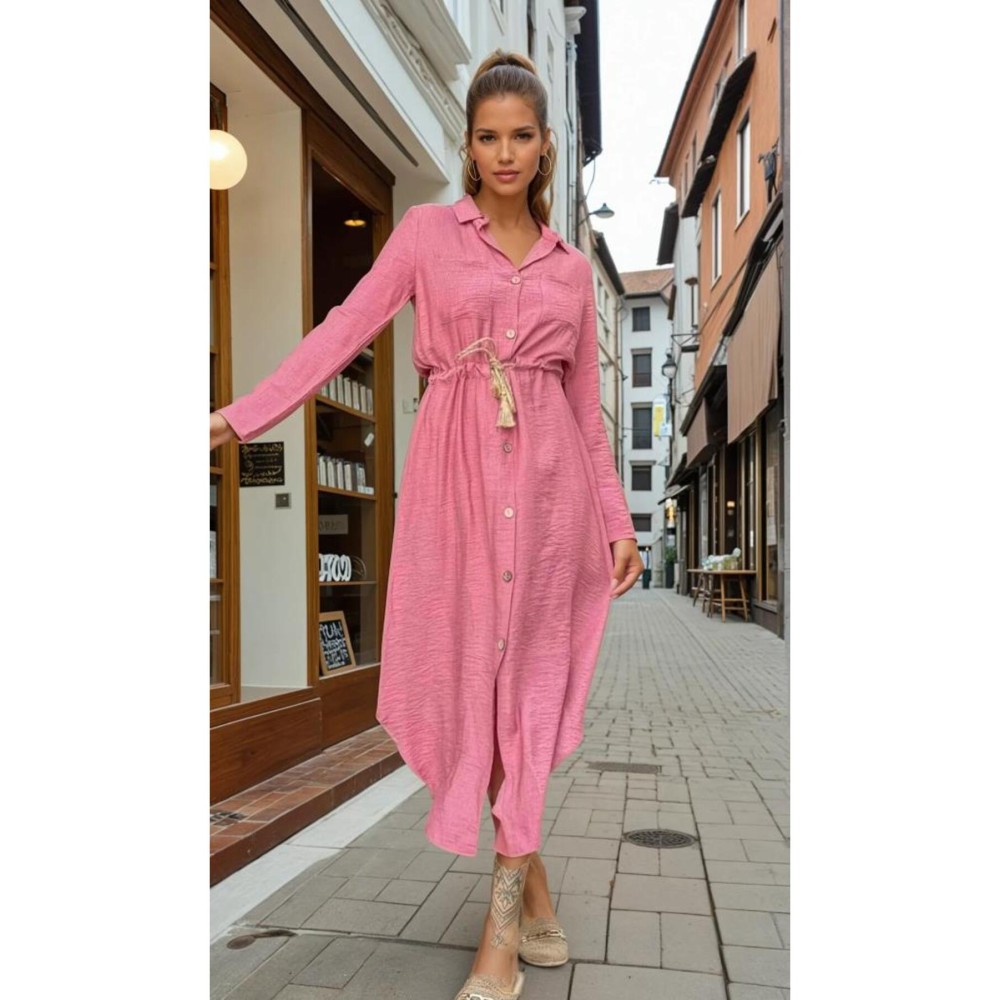 Pasaklı Giyim Pasaklı Giyim Kadın Hasır Kemerli Gömlek Elbise Gül Kurusu - Premium Kadın Giyim