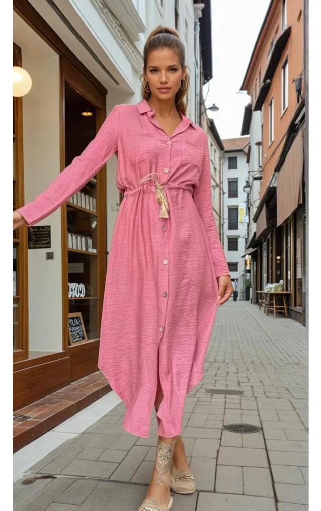 Pasaklı Giyim Kadın Hasır Kemerli Gömlek Elbise 2837451 Gül Kurusu