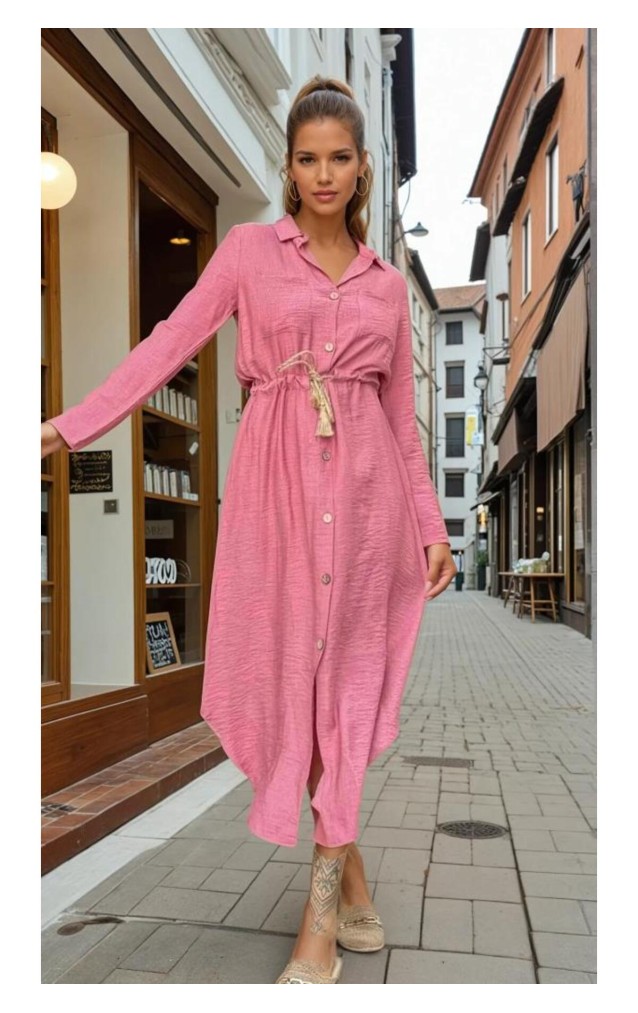 Pasaklı Giyim Kadın Hasır Kemerli Gömlek Elbise 2837451 Gül Kurusu