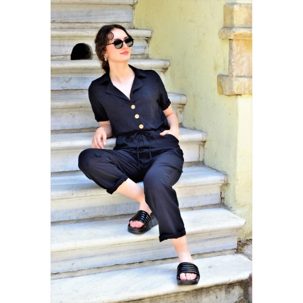 Pasaklı Giyim Pasaklı Giyim Kadın Beli Büzgülü Tulum Siyah - Premium Kadın Giyim