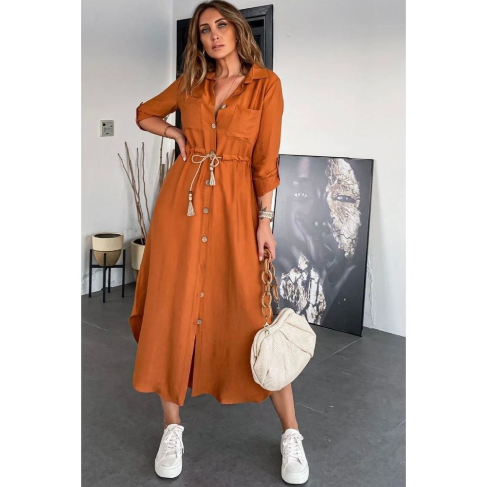 Pasaklı Giyim Pasaklı Giyim Kadın Hasır Kemerli Gömlek Elbise Kiremit - Premium Kadın Giyim