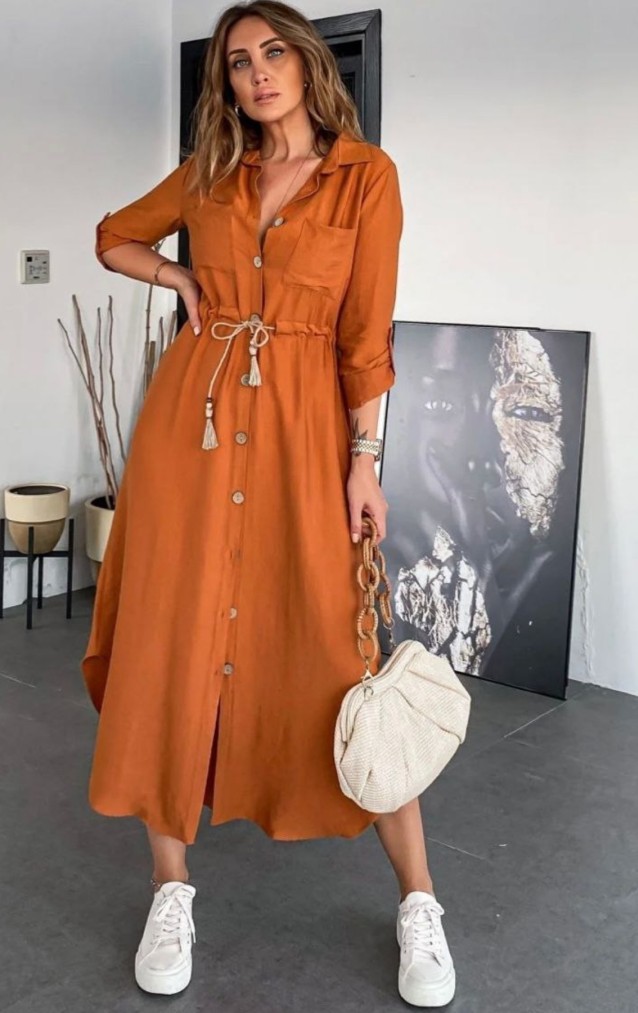 Pasaklı Giyim Kadın Hasır Kemerli Gömlek Elbise 2837451 Kiremit