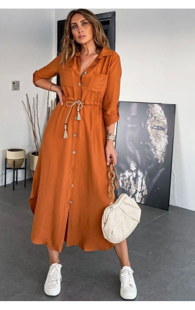 Pasaklı Giyim Kadın Hasır Kemerli Gömlek Elbise 2837451 Kiremit