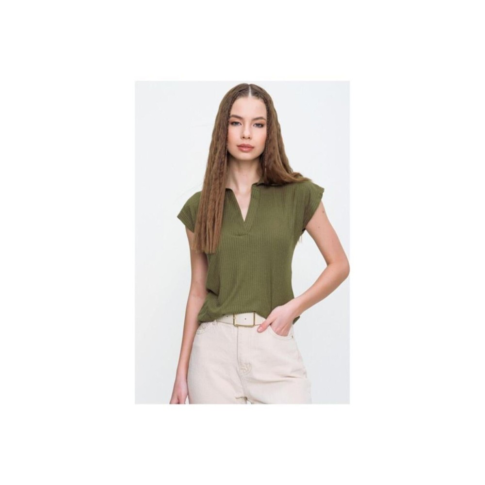 Pasaklı Giyim Pasaklı Giyim Kadın Kaşkorse Viskon Polo Yaka T-shirt Haki - Premium Kadın Giyim