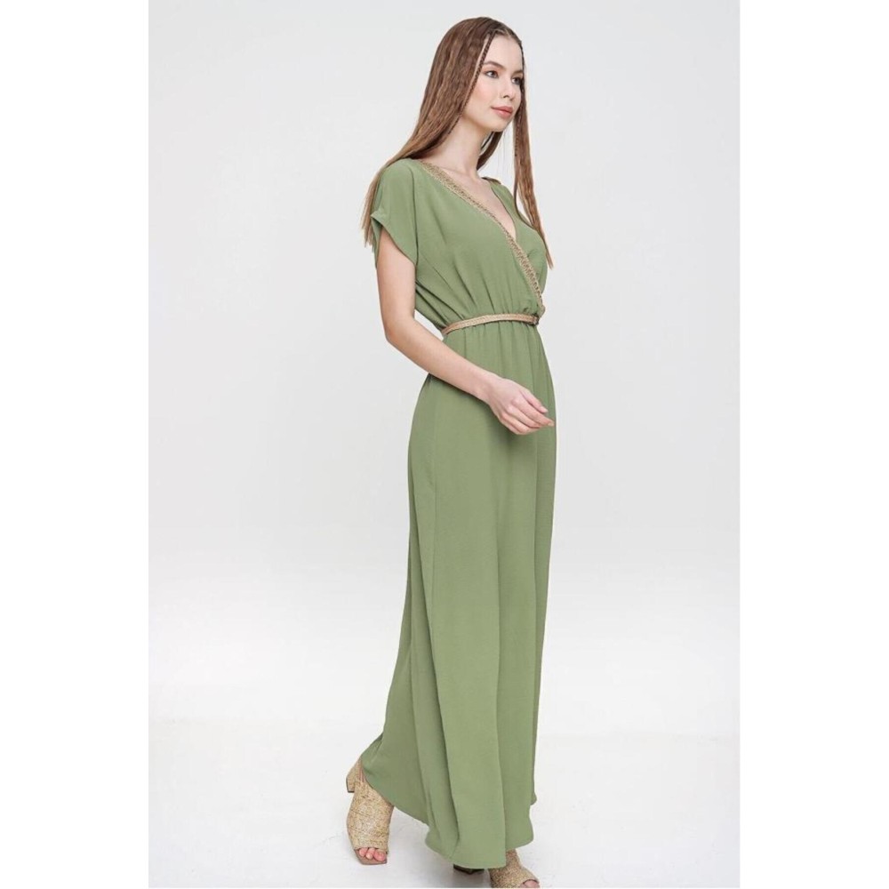 Pasaklı Giyim Pasaklı Giyim Tokalı Hasır Dekolteli Uzun Elbie Haki - Premium Kadın Giyim