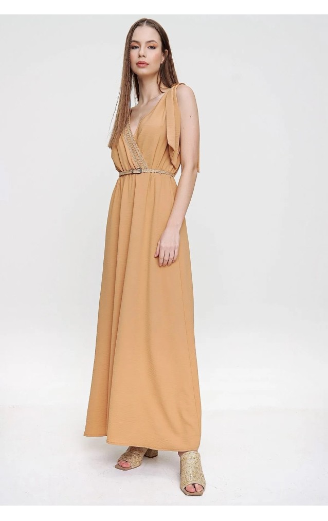 Pasaklı Giyim Tokalı Hasır Dekolteli Uzun Elbise 3127400 Bej