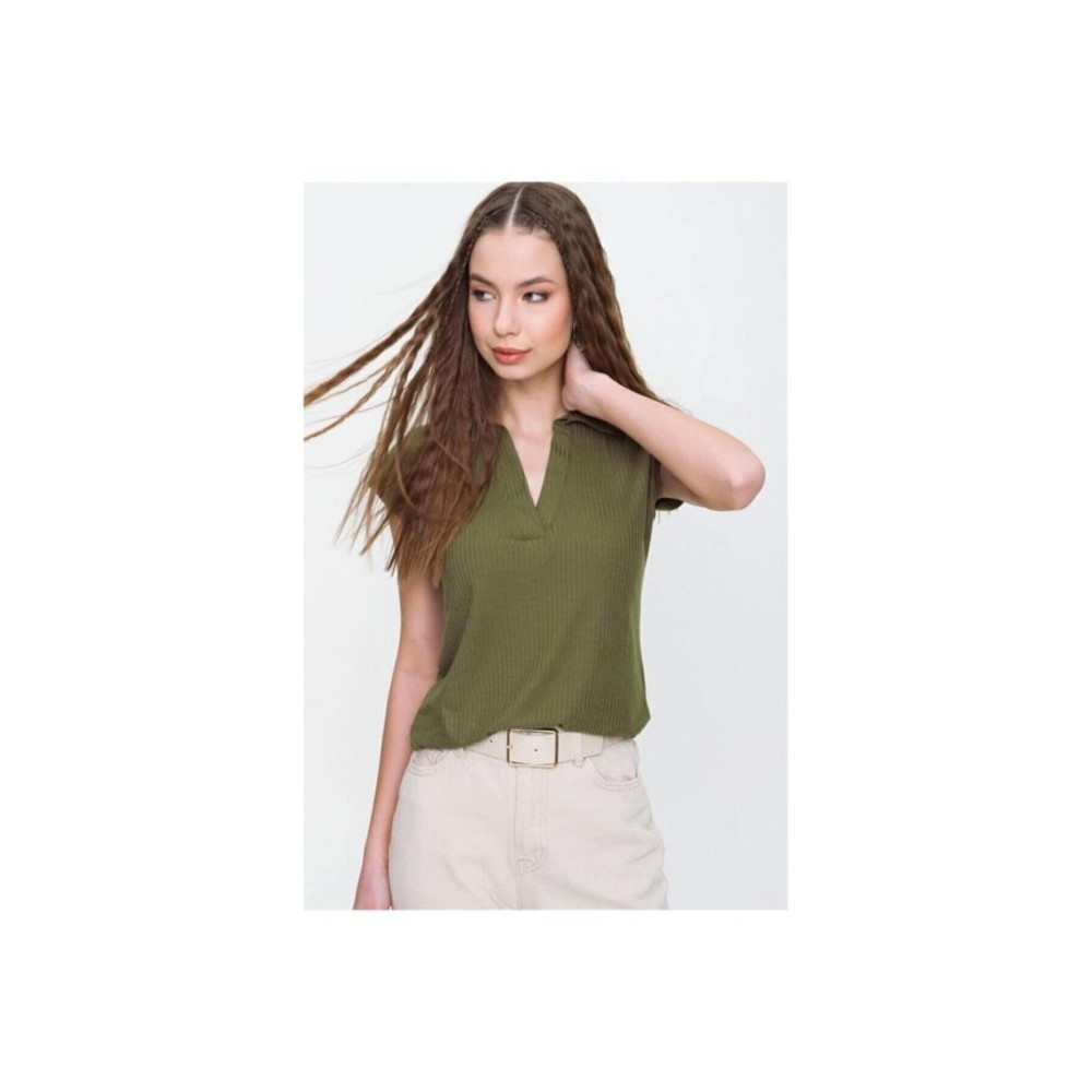 Pasaklı Giyim Pasaklı Giyim Kadın Kaşkorse Viskon Polo Yaka T-shirt Haki - Premium Kadın Giyim