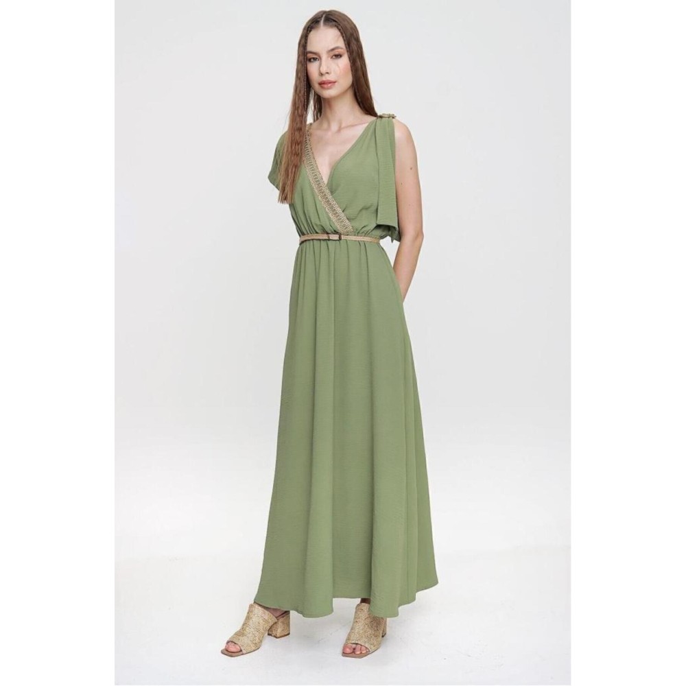 Pasaklı Giyim Pasaklı Giyim Tokalı Hasır Dekolteli Uzun Elbie Haki - Premium Kadın Giyim