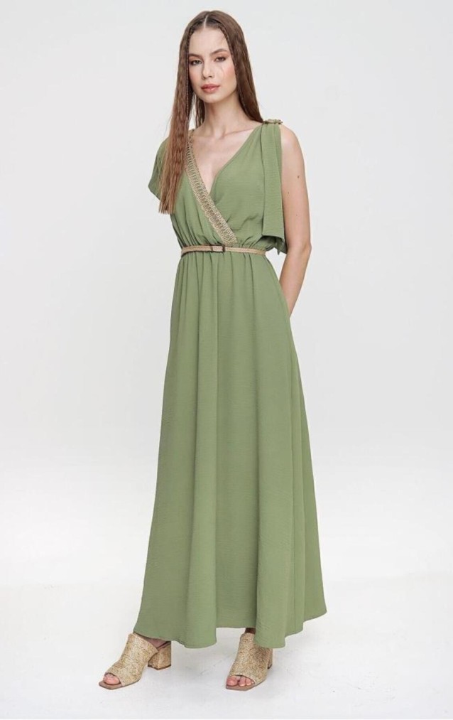 Pasaklı Giyim Tokalı Hasır Dekolteli Uzun Elbise 3127400 Haki