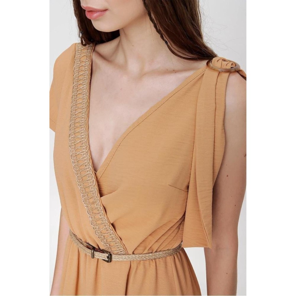 Pasaklı Giyim Pasaklı Giyim Tokalı Hasır Dekolteli Uzun Elbie Bej - Premium Kadın Giyim