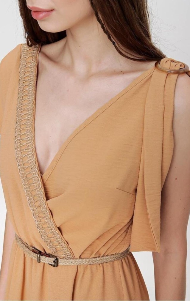 Pasaklı Giyim Tokalı Hasır Dekolteli Uzun Elbise 3127400 Bej