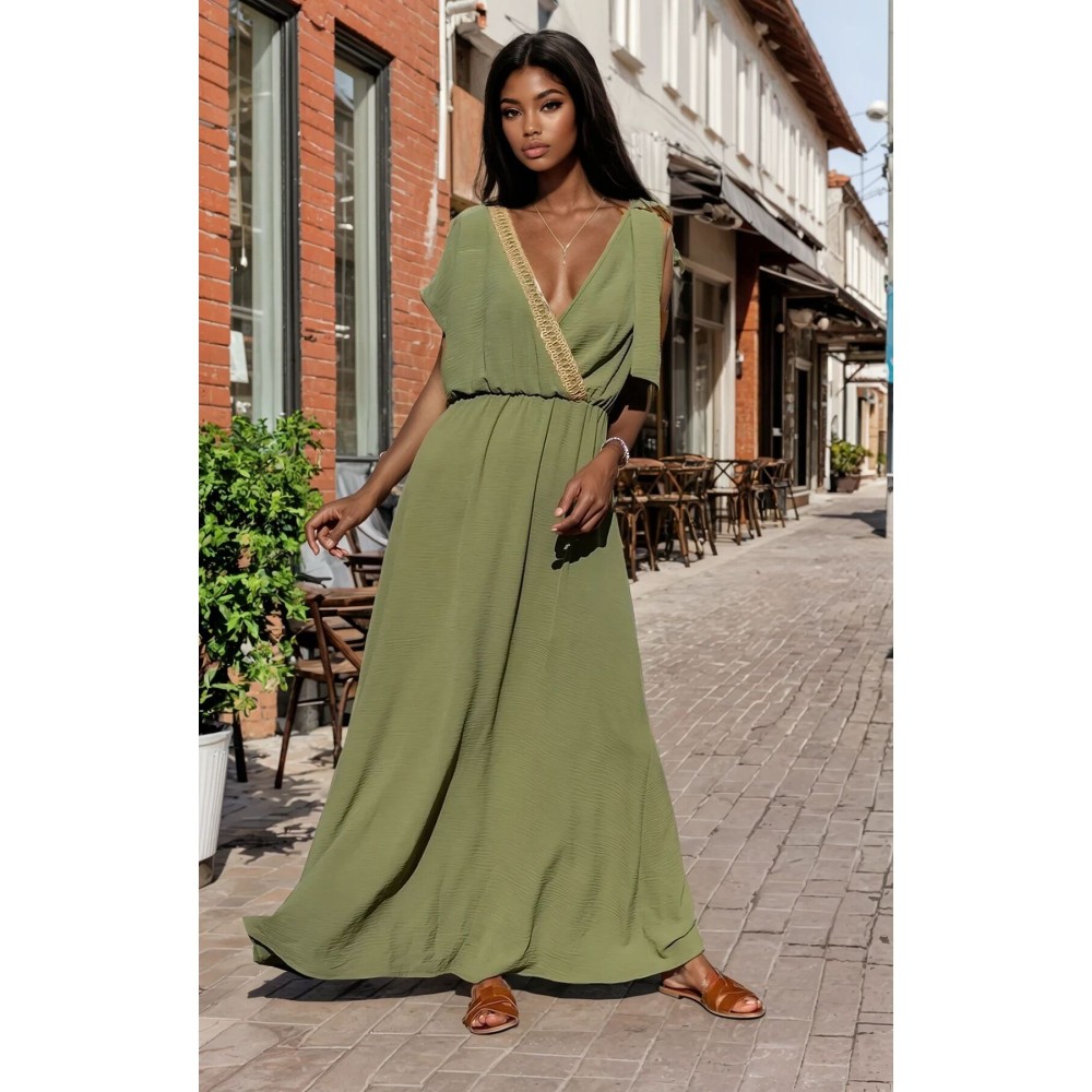 Pasaklı Giyim Pasaklı Giyim Tokalı Hasır Dekolteli Uzun Elbie Haki - Premium Kadın Giyim