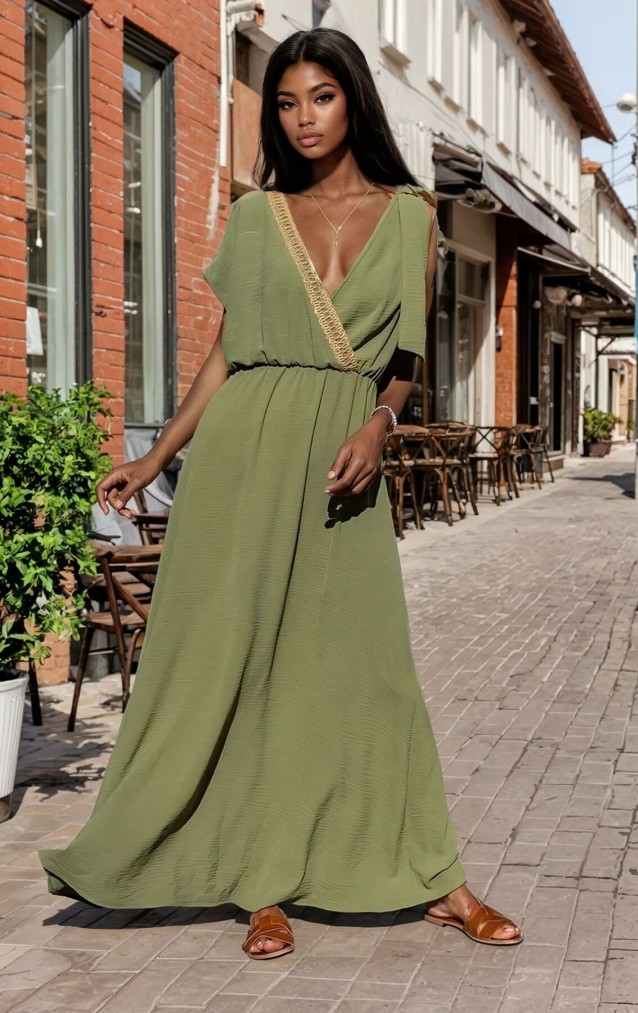 Pasaklı Giyim Tokalı Hasır Dekolteli Uzun Elbise 3127400 Haki