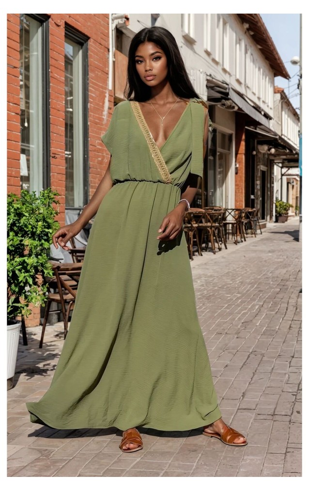 Pasaklı Giyim Tokalı Hasır Dekolteli Uzun Elbise 3127400 Haki