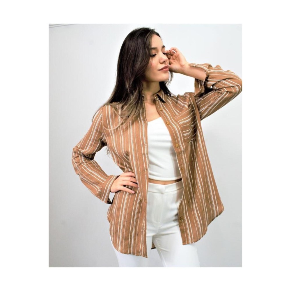 Pasaklı Giyim Pasaklı Giyim Kadın Çizgili Gömlek Kahverengi - Premium Kadın Giyim