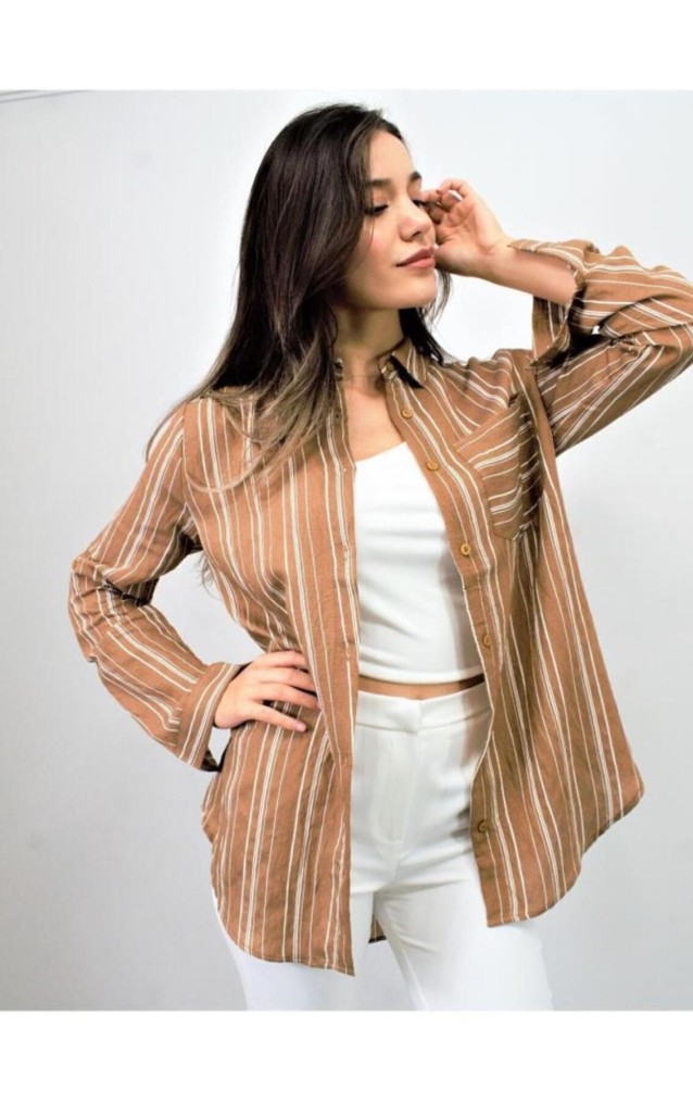 Pasaklı Giyim Kadın Çizgili Gömlek 3266190 Kahverengi