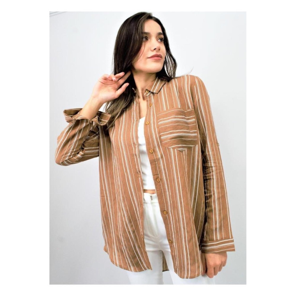 Pasaklı Giyim Pasaklı Giyim Kadın Çizgili Gömlek Kahverengi - Premium Kadın Giyim