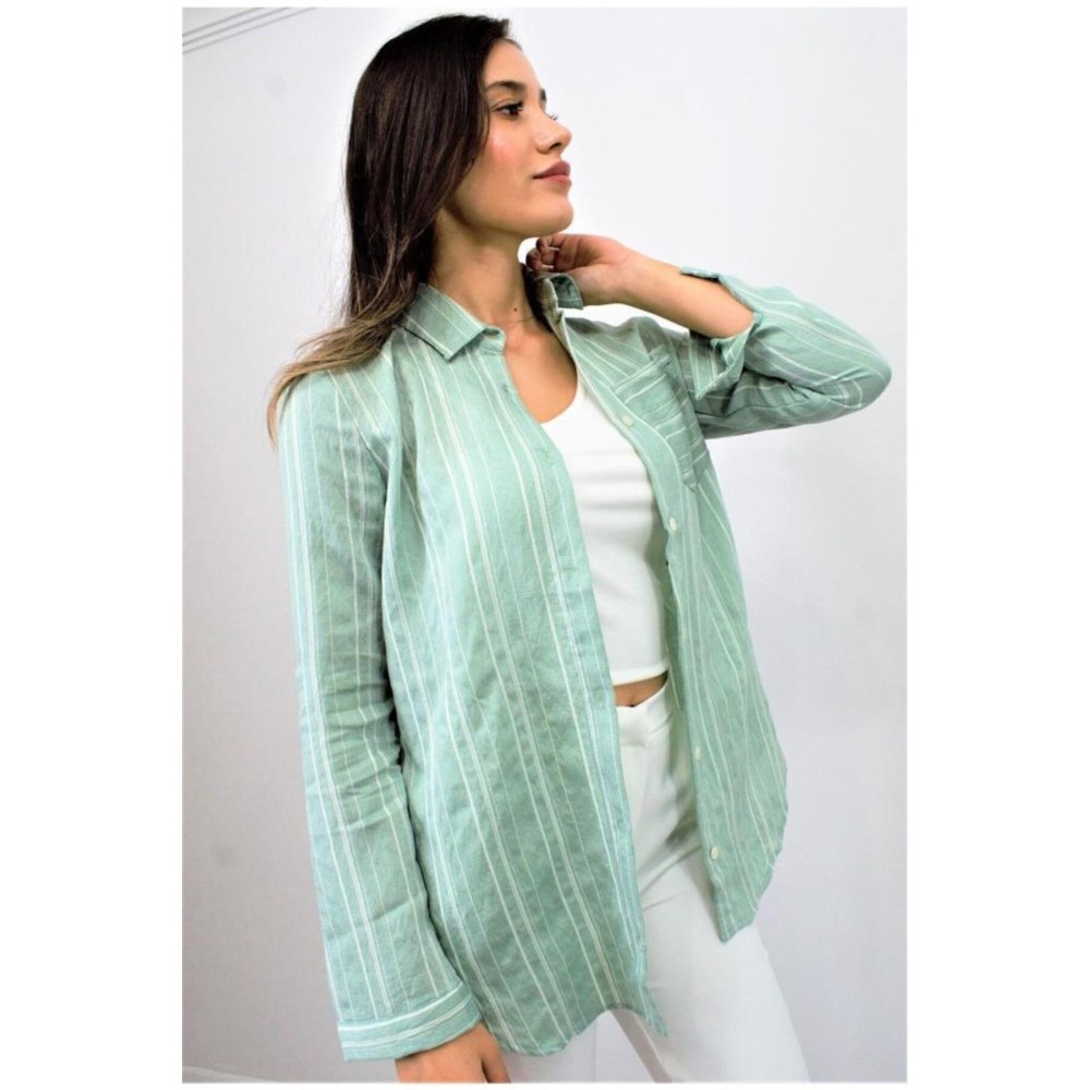 Pasaklı Giyim Pasaklı Giyim Kadın Çizgili Gömlek Yeşil - Premium Kadın Giyim