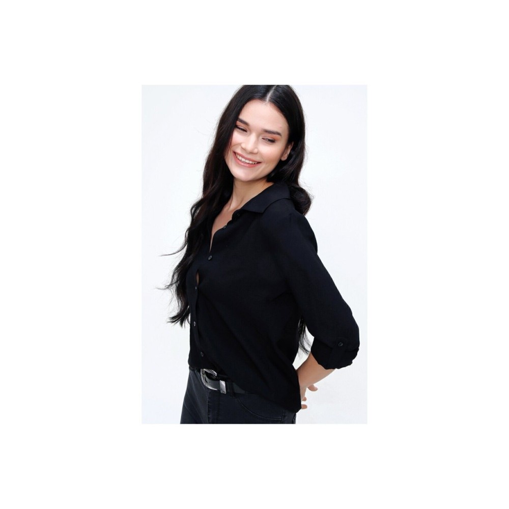 Pasaklı Giyim Pasaklı Giyim Kadın Klasik Keten Gömlek Siyah - Premium Kadın Giyim