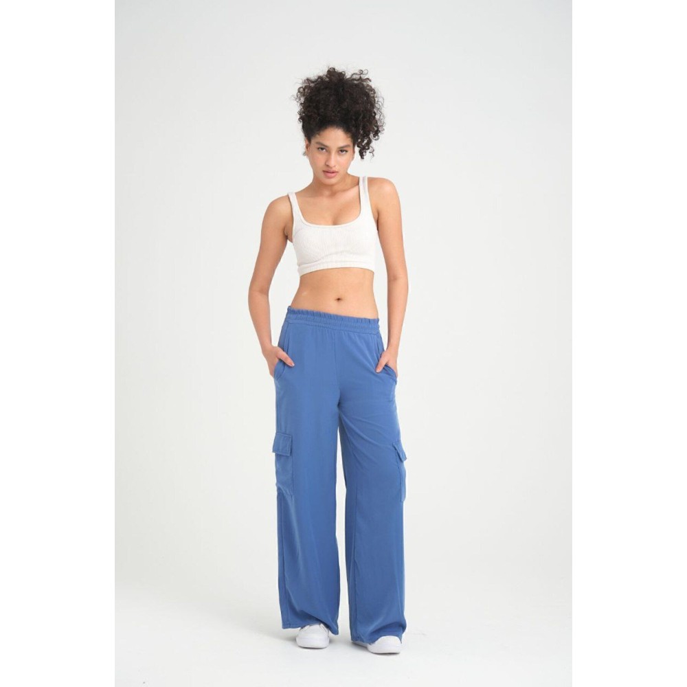 Pasaklı Giyim Pasaklı Giyim Kadın Indigo Kupra Kumaş Cepli Beli Lastikli Bol Paça Kargo Mavi Indigo Pantolon - Premium Kadın Giyim