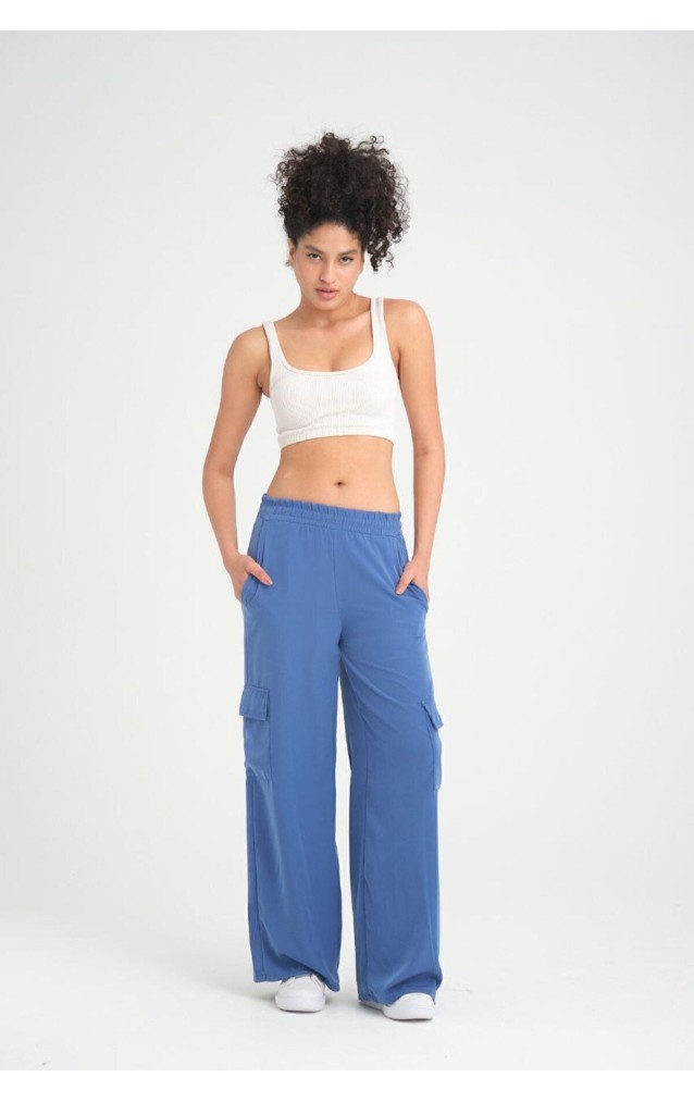 Pasaklı Giyim Kadın Indigo Kupra Kumaş Cepli Beli Lastikli Bol Paça Kargo Mavi Indigo Pantolon 3600308