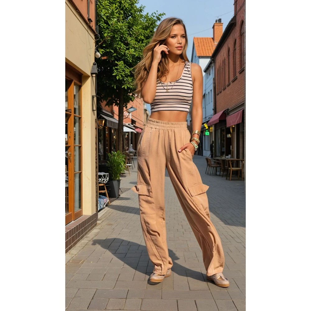 Pasaklı Giyim Pasaklı Giyim Kadın Bej Kupra Kumaş Cepli Beli Lastikli Bol Paça Kargo Pantolon - Premium Kadın Giyim