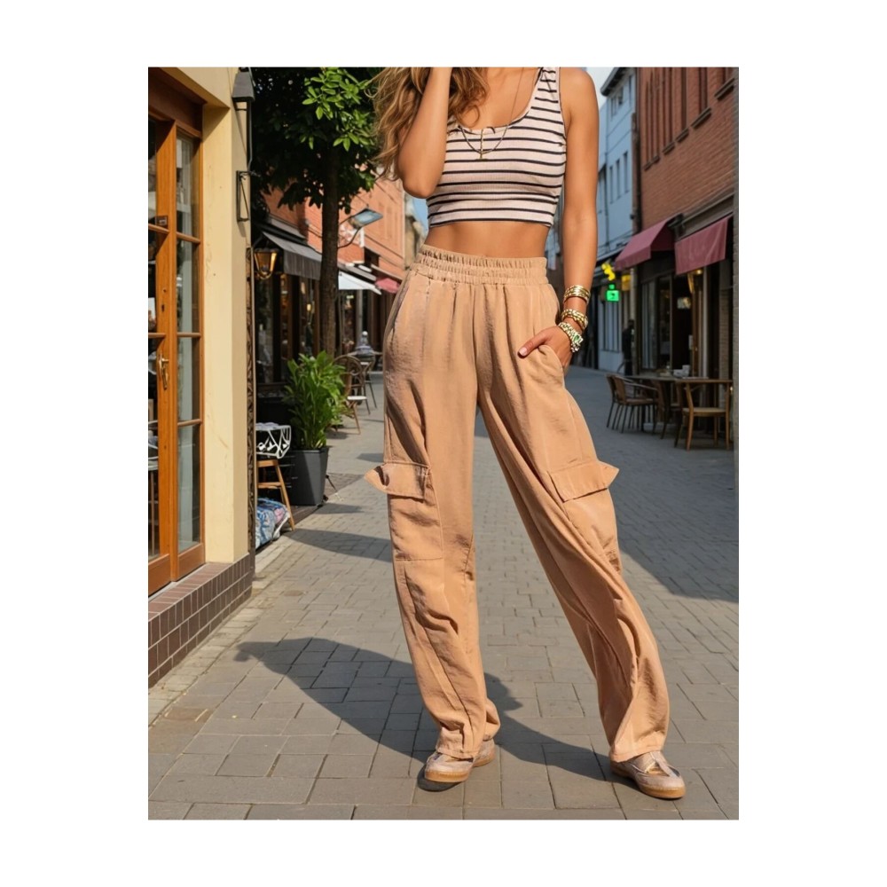 Pasaklı Giyim Pasaklı Giyim Kadın Bej Kupra Kumaş Cepli Beli Lastikli Bol Paça Kargo Pantolon - Premium Kadın Giyim