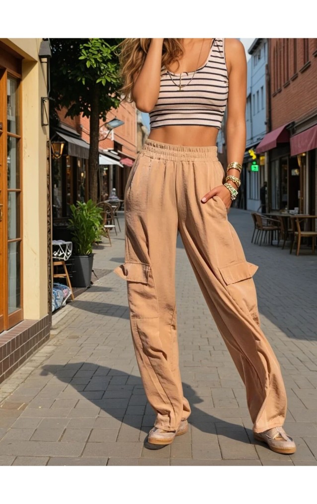 Pasaklı Giyim Kadın Bej Kupra Kumaş Cepli Beli Lastikli Bol Paça Kargo Pantolon 3600308