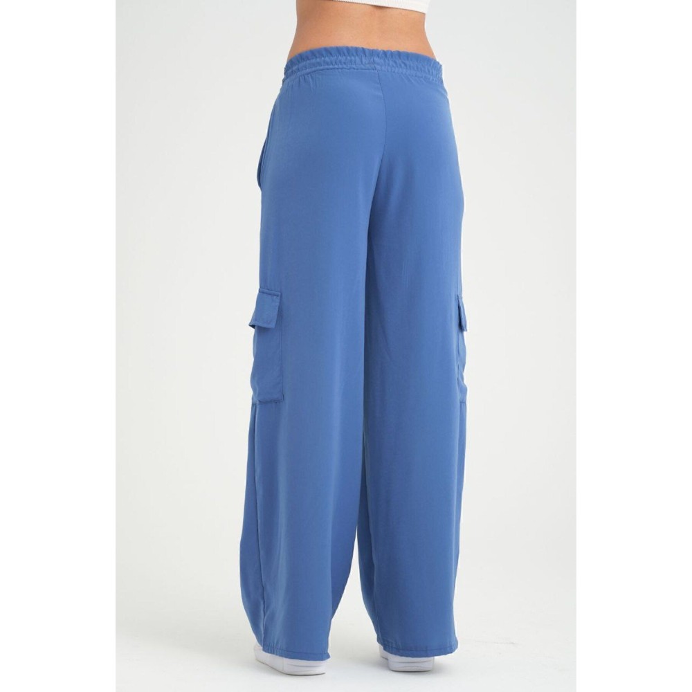 Pasaklı Giyim Pasaklı Giyim Kadın Indigo Kupra Kumaş Cepli Beli Lastikli Bol Paça Kargo Mavi Indigo Pantolon - Premium Kadın Giyim