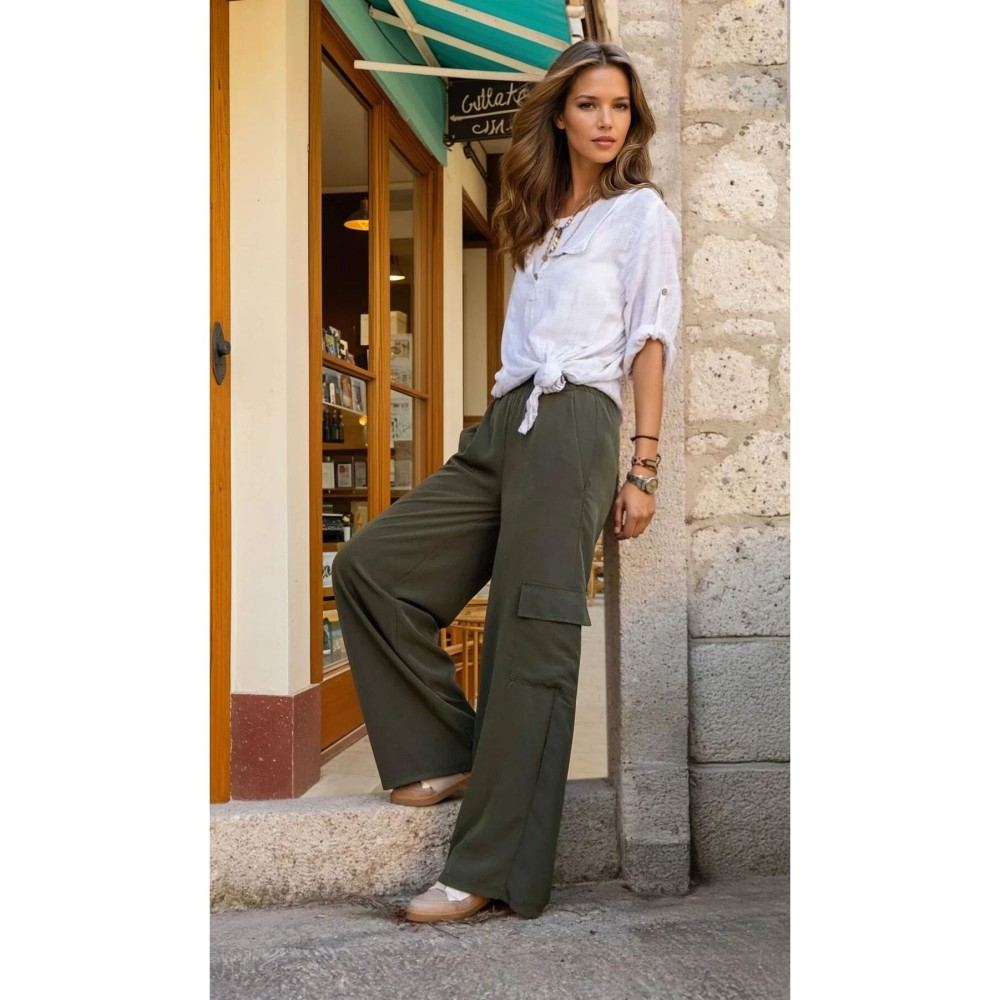 Pasaklı Giyim Pasaklı Giyim Kadın Haki Kupra Kumaş Cepli Beli Lastikli Bol Paça Kargo Pantolon - Premium Kadın Giyim