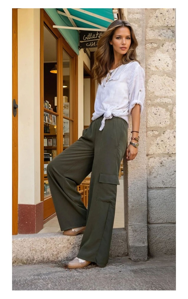 Pasaklı Giyim Kadın Haki Kupra Kumaş Cepli Beli Lastikli Bol Paça Kargo Pantolon 3600308