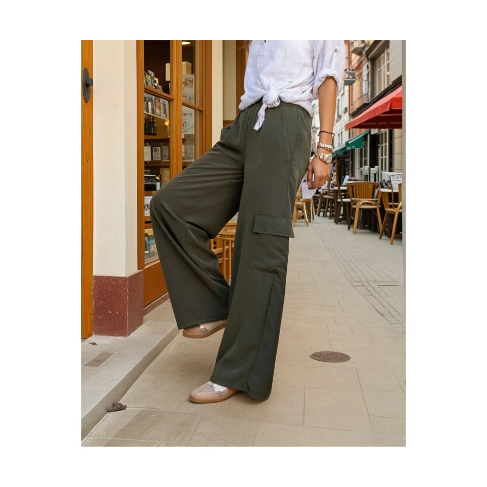 Pasaklı Giyim Pasaklı Giyim Kadın Haki Kupra Kumaş Cepli Beli Lastikli Bol Paça Kargo Pantolon - Premium Kadın Giyim